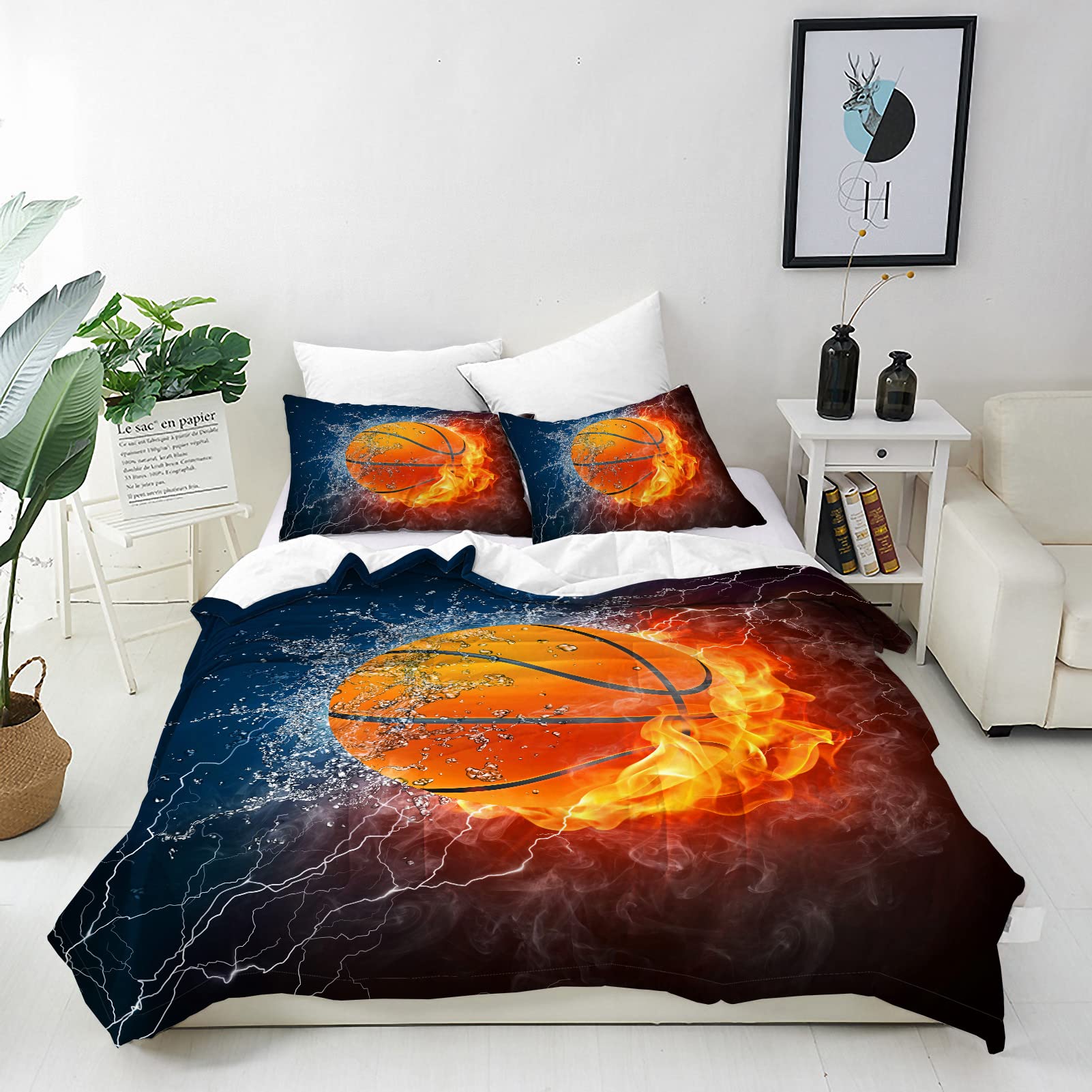 ANHOPE Basketball Fire Duvet Cover Set Soft Lightweight 3Pcs Bedding Set with 2 Pillowcase Sports Theme Flame Ball Print Pattern Kids Boys Girls Teens Quilt Cover with Zipper Closure Double Size — image 1