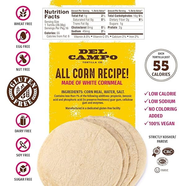 DEL CAMPO SOFT CORN TORTILLAS – 6 INCH ROUND 1 LB. BAG. 100% DELICIOUS, GLUTEN FREE AND ALL-CORN AUTHENTIC MEXICAN FOOD. MANY SERVING OPTIONS: WRAPS, TACOS, QUESADILLAS OR BURRITOS, KOSHER. (16CT.)