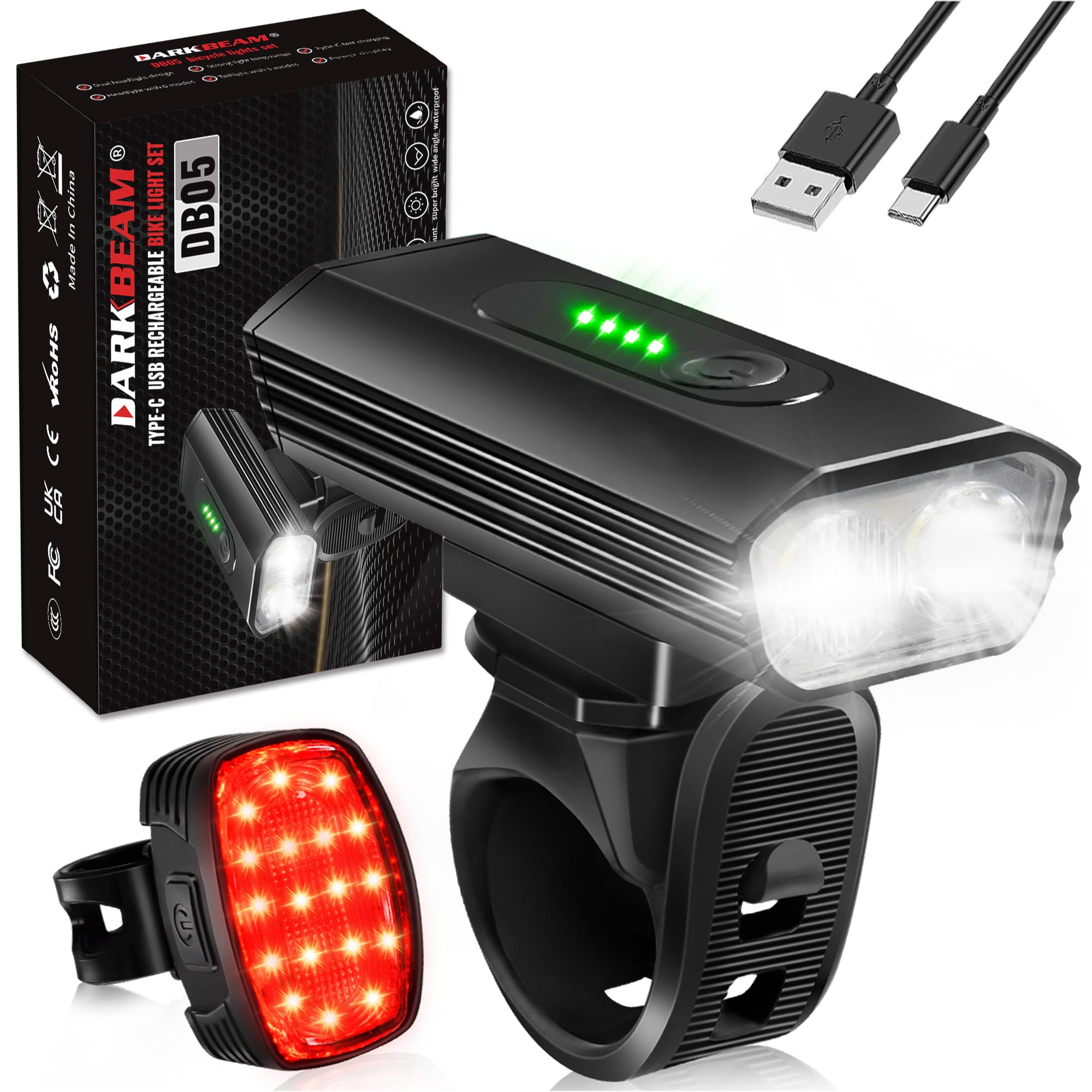 DARKBEAM Super Bright Bike Light Kit, Powerful Bicycle Lights 4000LM Ultra Bright Rechargeable USB-C, 2 LED Front Headlight and 18-LED BackTaillight Waterproof, 6+5 Modes Mountain Road Bicycle Light