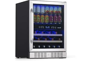 NewAir 24" Wine and Beverage Refrigerator 20 Bottle and 70 Can Capacity, Built-in or Freestanding Cooler, Dual Zone Fridge in Stainless Steel with Splitshelf