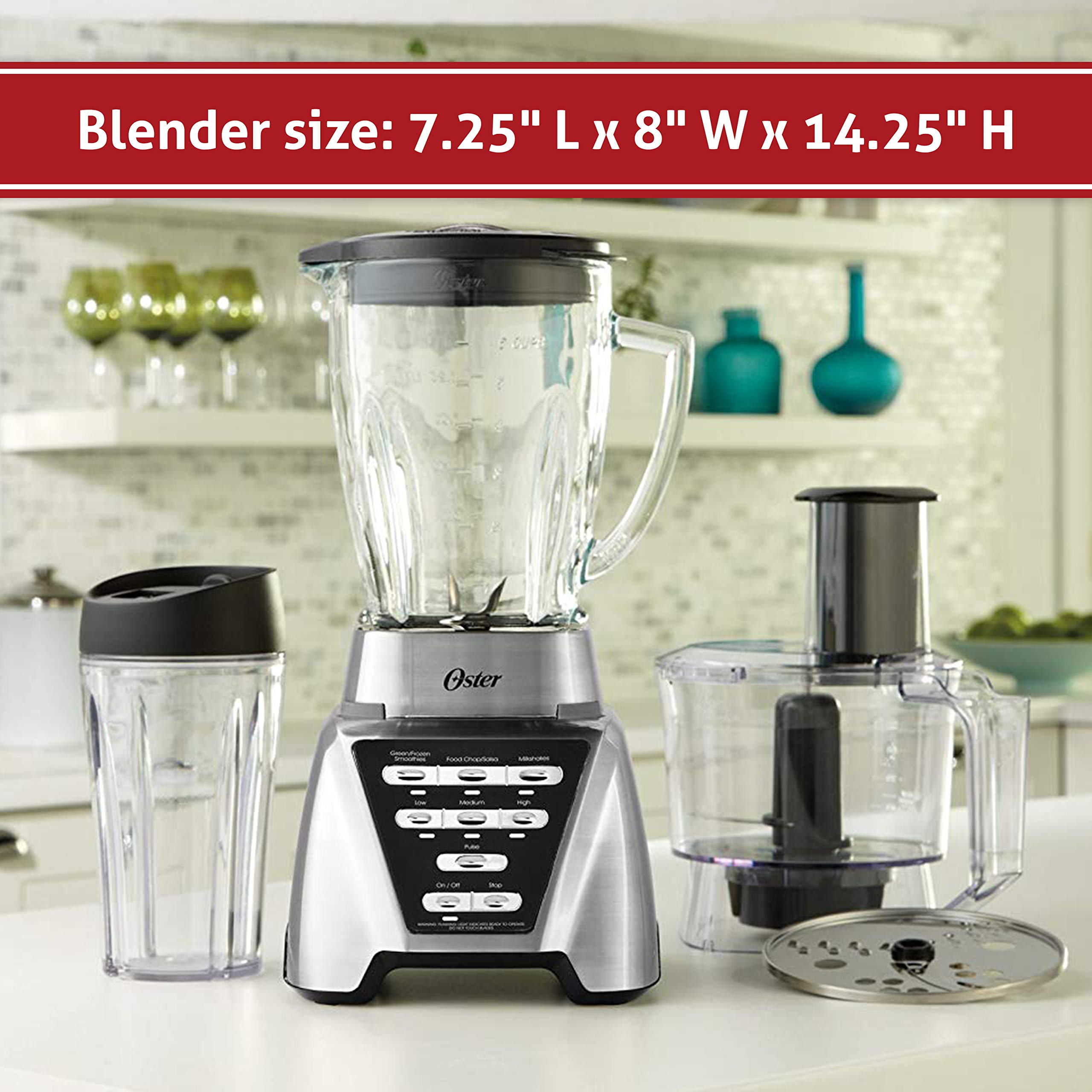 Oster Pro 1200 Blender with Glass Jar plus Smoothie Cup & Food Processor Attachment, Brushed Nickel