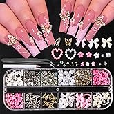 12Grids 3D Alloy Butterfly Nail Charms, Glitter Rhinestones Small Flower Steel Beads Pearl Bow DIY Mixed Nail Art with Pickup Pencil Tweezer for DIY Nail Art Supplies Crafts