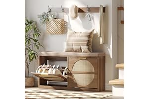 Maupvit Rattan Entryway Bench with Seat Cushion & Coat Rack, Shoe Storage Cabinet with 2 Flip Drawers, Narrow Shoe Rack, 5 Sturdy Metal Hooks, Rustic Oak Rattan