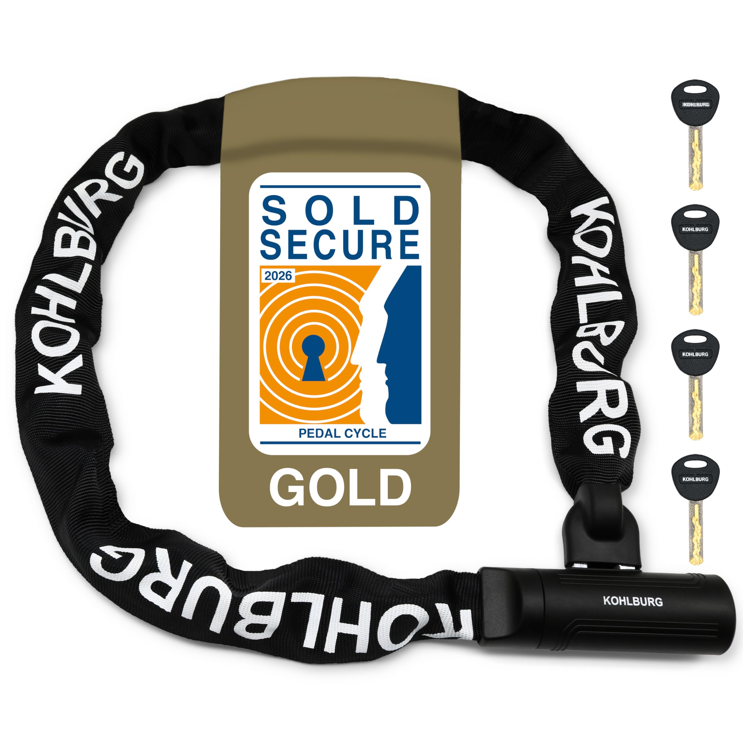 KOHLBURG Security Chain Lock Sold Secure Gold - 4ft / 125cm Extra-Long Bicycle Lock - high Security Standard - Heavy Duty Lock 0.33" Strong - Secure Bike Chain Lock for e-Bike Bicycle Motorbike