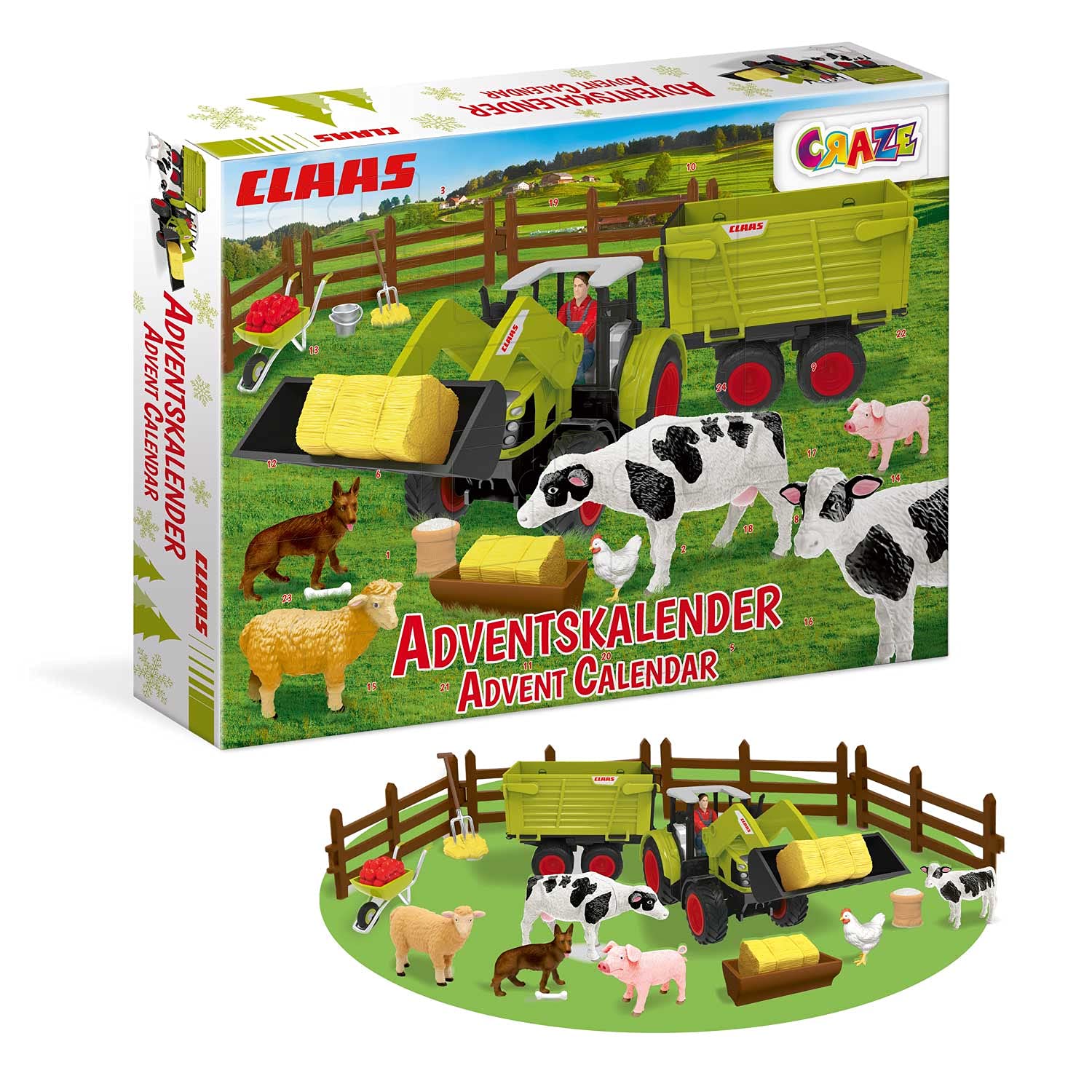 CRAZE Claas Advent Calendar 2025 for Kids with 24 Surprises – Farm Play Set with Tractor, Trailer & Farm Animal Figurines – Christmas Countdown Calendar Gift Idea for Boys