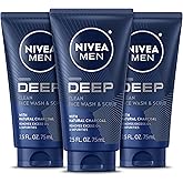 NIVEA MEN Deep Clean Face Wash and Scrub with Natural Charcoal, Exfoliating Face Wash for Men Removes Excess Oil, Dirt and Impurities, Beard Friendly Skin Care, 2.5 Fl Oz Tube, Pack of 3