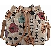 cute bucket bags for women, kawaii small floral tote bag flower purse, mini embroidery aesthetic boho bag needlepoint barrel drawstring purse