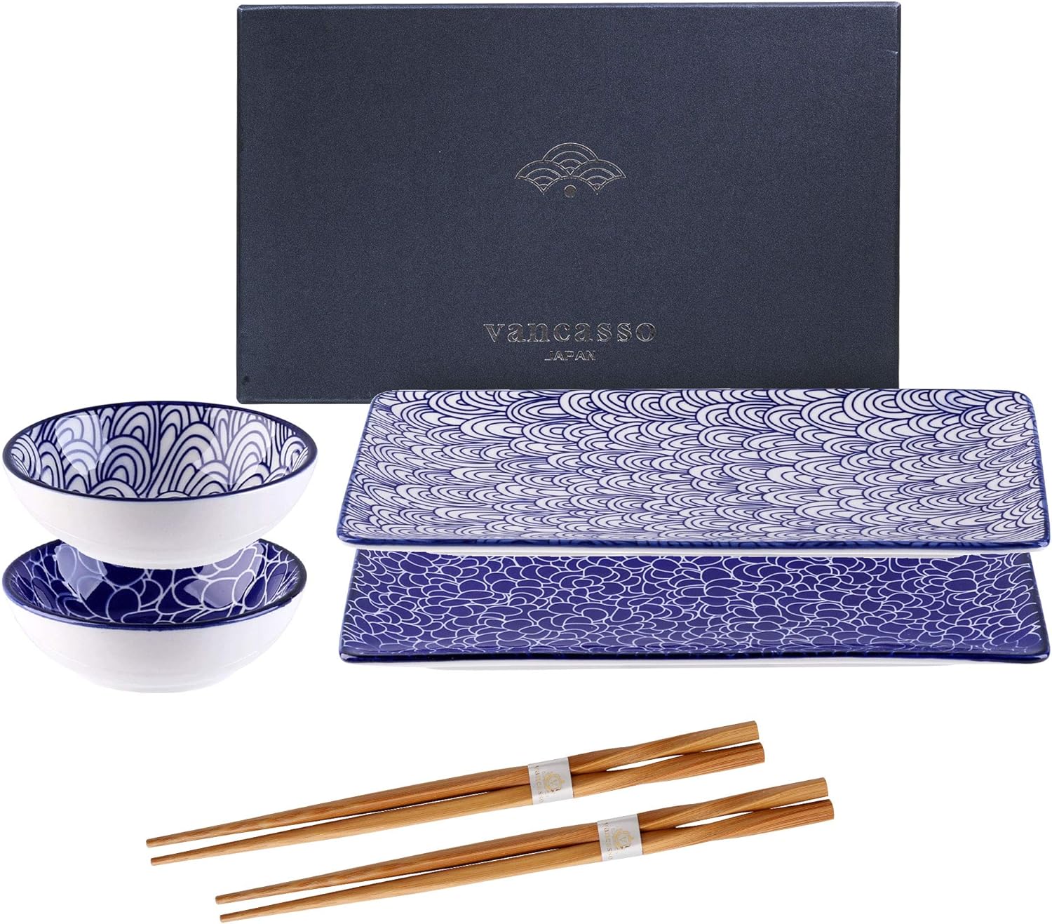 Vancasso Takaki Sushi Set Porcelain Japanese Style Nippon Blue, Set of 2 Sushi Plates, 2 Dip