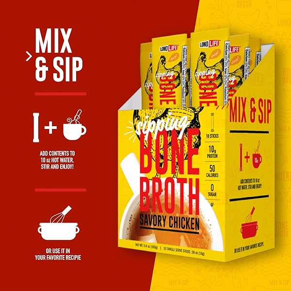 LONOLIFE CHICKEN BONE BROTH POWDER MIX | 10G PROTEIN | COLLAGEN-RICH, KETO & PALEO FRIENDLY | NATURAL INGREDIENTS | 10 PORTABLE STICK PACK SERVINGS