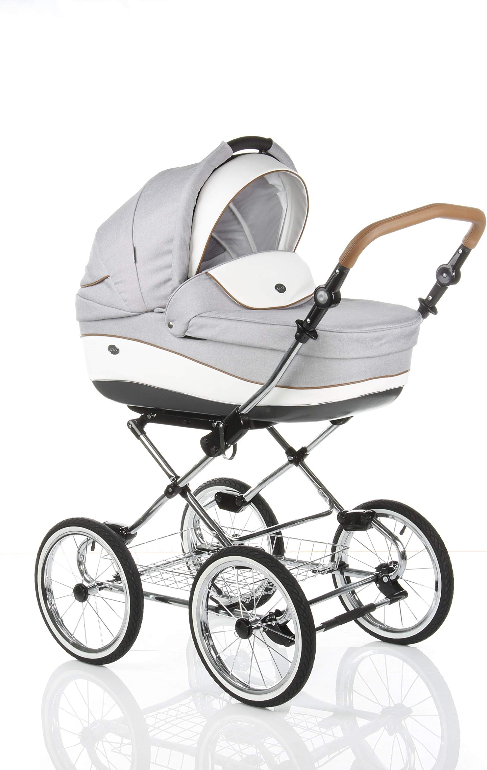 Children’s Pram Buggy Stroller Combination Car seat Classic Retro Baby Carrier ROAN Emma (E-54 Light Grey-White Leather, 3IN1)