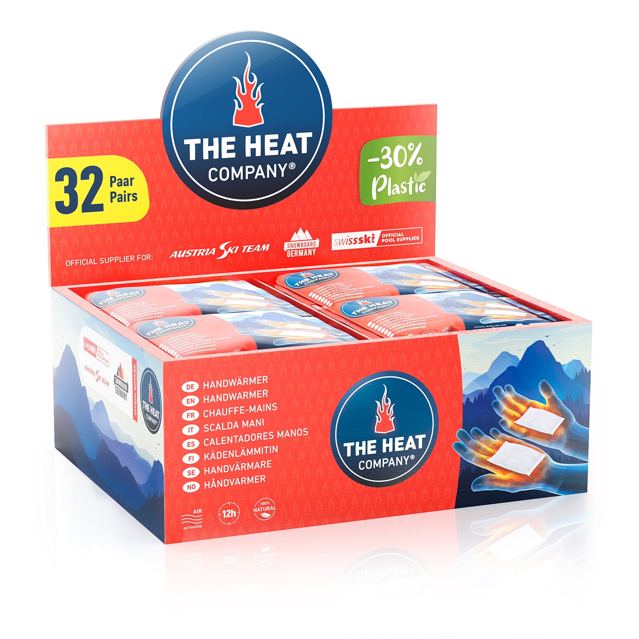 THE HEAT COMPANY Handwarmers - New: 30% Less Plastic - EXTRA WARM For 12 Hours Warm Hands - 32 Pairs - Air Activated Heat Pads - Pocket Warmer Against Cold Hands