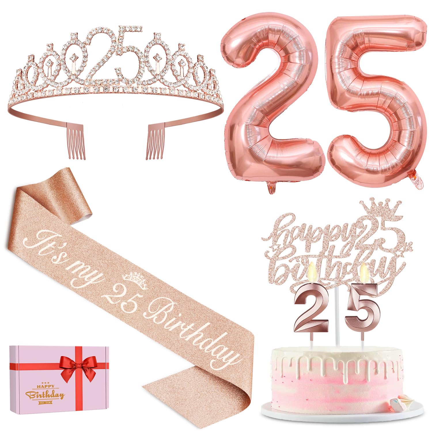 Photo 1 of 25th Birthday Decorations for Women Include 25th Birthday Sash and Tiara, Cake Topper and Candles, Number Balloons, Greeting Card, 25 Year Old Gifts for Women