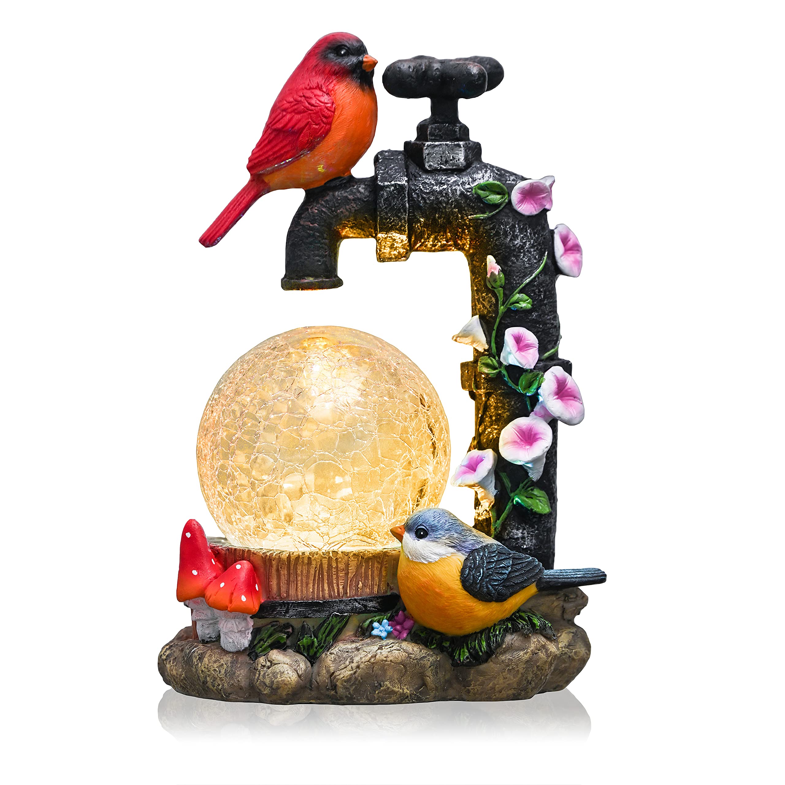TERESA'S COLLECTIONS Garden Ornaments Outdoor, Red Robin Bird on Faucet with Crackle Glass Ball, Waterproof Resin Robin Bird Ornaments, Robin Gifts, Birthday Gifts for Mum, Indoor Outdoor 21CM