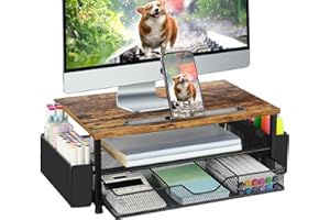 AUPSEN Wood Desk Organizers and Accessories, 2-Tier Computer Monitor Stand Riser with Drawer, Pen Storage & Phone Holder, Office Desk Accessories, Workspace Desktop Organization for Office Supplies（Brown）