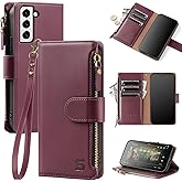 Shieldtop Compatible with Samsung Galaxy S22 Wallet Case with Card Holder,Women Men RFID Blocking PU Leather Flip Cover Wrist Strap Zipper Credit Card Slots,Phone Case for S22 6.1",Wine Red
