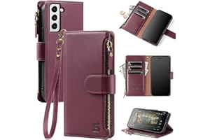 Shieldtop for Samsung Galaxy S22 Wallet Case with Card Holder,Women Men RFID Blocking PU Leather Flip Cover Wrist Strap Zipper Credit Card Slots,Phone Case for Galaxy S22 6.1",Wine Red