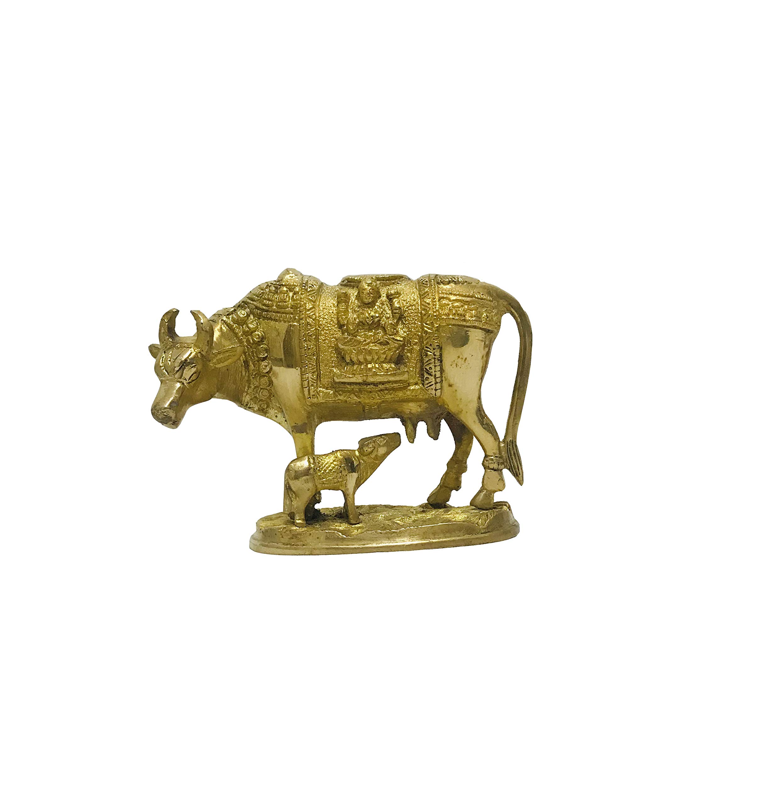 Gavya International Brass Kamdhenu Cow with Calf Statue Laxmi Ganesha Idol for Good Luck, Prosperity Gift, Home Décor for Diwali Sculpture Gold Polish size- 6.5 inch