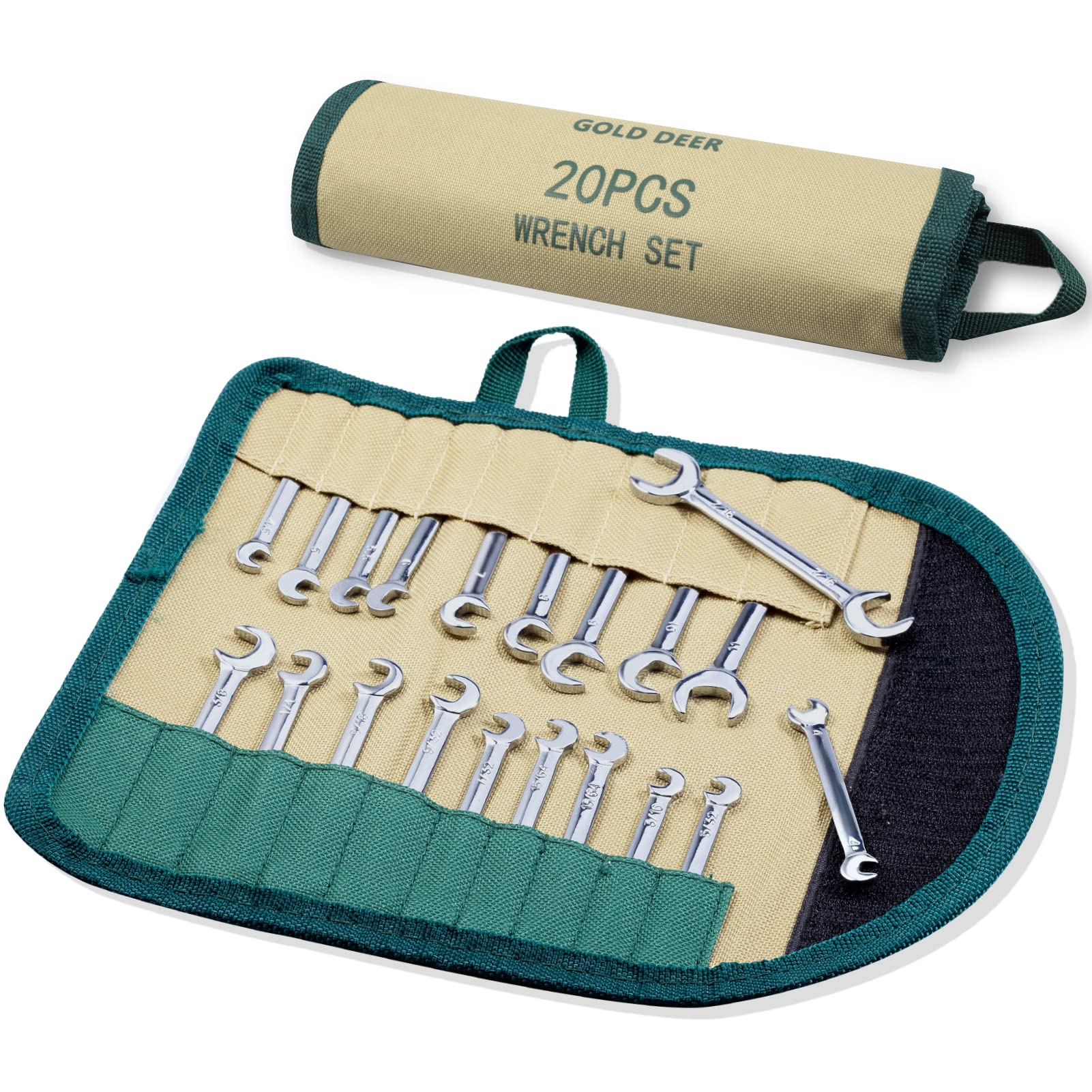 GOLD DEER 20 Pcs Mini Double Open End Wrench Set Standard Metric and SAE 5/32"-7/16"&4-11mm Extra Slim Open End Angle Wrench with Storage Roll Pouch, Double Open End Spanner Set Ignition Wrench Set