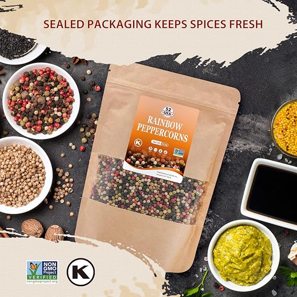 52USA RAINBOW PEPPERCORNS, 12OZ, PEPPERCORN FOR GRINDER REFILL, WHOLE WHITE PEPPER CORNS, RED PEPPERCORN, BLACK PEPPERCORNS, MIXED PEPPERCORNS, RAINBOW PEPPER MIX