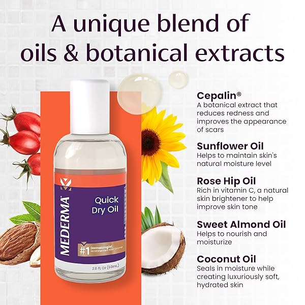 MEDERMA QUICK DRY OIL, SCAR AND STRETCH MARK TREATMENT, HELPS TO IMPROVE THE APPEARANCE OF SCARS AND STRETCH MARKS, WITH NATURAL BOTANICAL EXTRACTS, PARABEN FREE, FAST-ABSORBING, 2.02OZ (60ML)