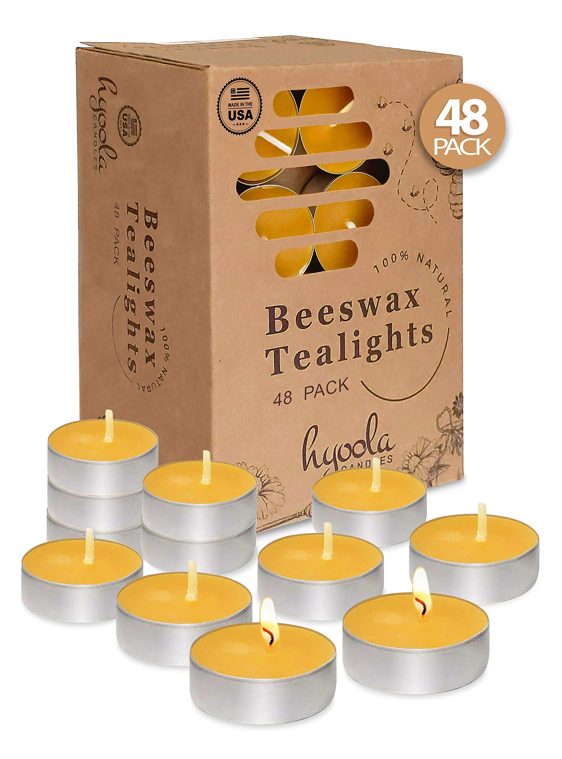 Hyoola Beeswax Tealight Candles in Aluminum Cup - 48 Pack - 100% Pure Natural Beeswax Candles