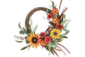 HOMETRANCE Sunflower Fall Wreaths for Front Door Outside, 20 Inch Half Autumn Wreath with Grapevine Base, Farmhouse Fall Decorations for Harvest Thanksgiving Home Porch Wall Window Indoor Outdoor