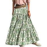 YESNO Women's Summer Boho Floral Maxi Skirts Casual Flowy Tiered A-Line Elastic Waist Skirt with Pockets SK0