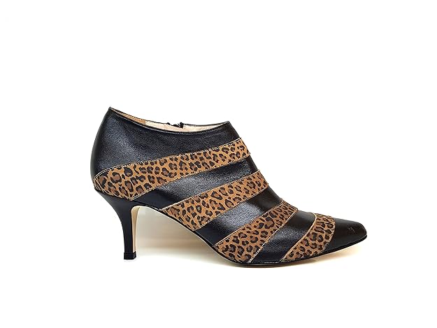 Leopard Strips Leather Boots with Fine Closed Toe and Low Stiletto Heel