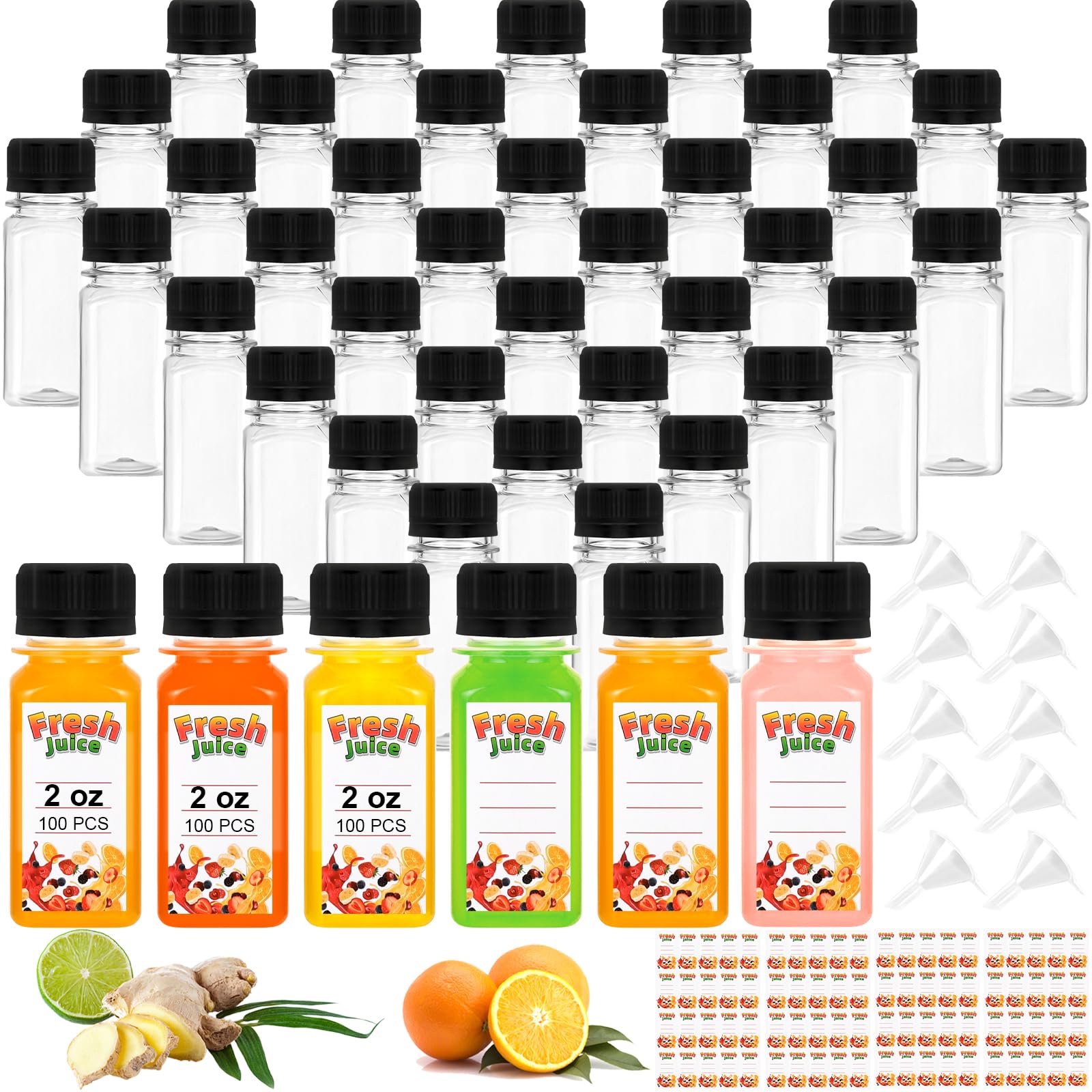 Photo 1 of 100 Pack 2 oz Shot Bottles with Caps, Small Plastic Bottles for Liquids, Ginger Shots Bottle for Liquor,Juice,Whiskey, Reusable Travel Bottle with Scale, Funnels, Stickers for Weddings Christmas Party