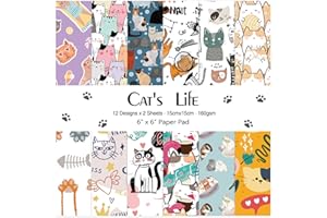 QIANSHAN 24 Sheets 12 Designs Scrapbook Paper Pad,6"×6” Single-Sided Decopodge Craft Cardstock Paper,Christmas Scrapbooking DIY Decorative Background Cardmaking Supplies.Cat's Life