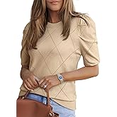 Dokotoo Women's Short Puff Sleeve Knit Tops 2025 Round Neck Hollow Out Tops Cozy Sweaters for Women