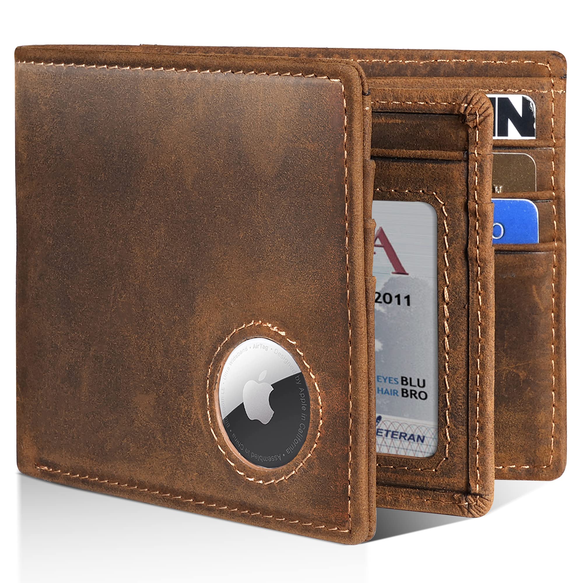 Mens Wallet With AirTag Holder, Bifold Leather RFID