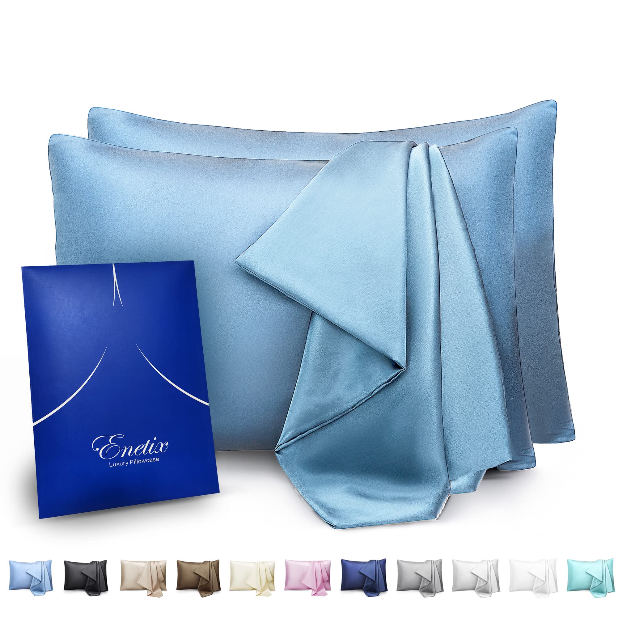 Enetix Silk Satin Pillowcase for Hair and Skin, 2-Pack with Gift Package, Acne Free Hidden Zipper Pillow Cover (Standard (50 x 75cm), Azure)