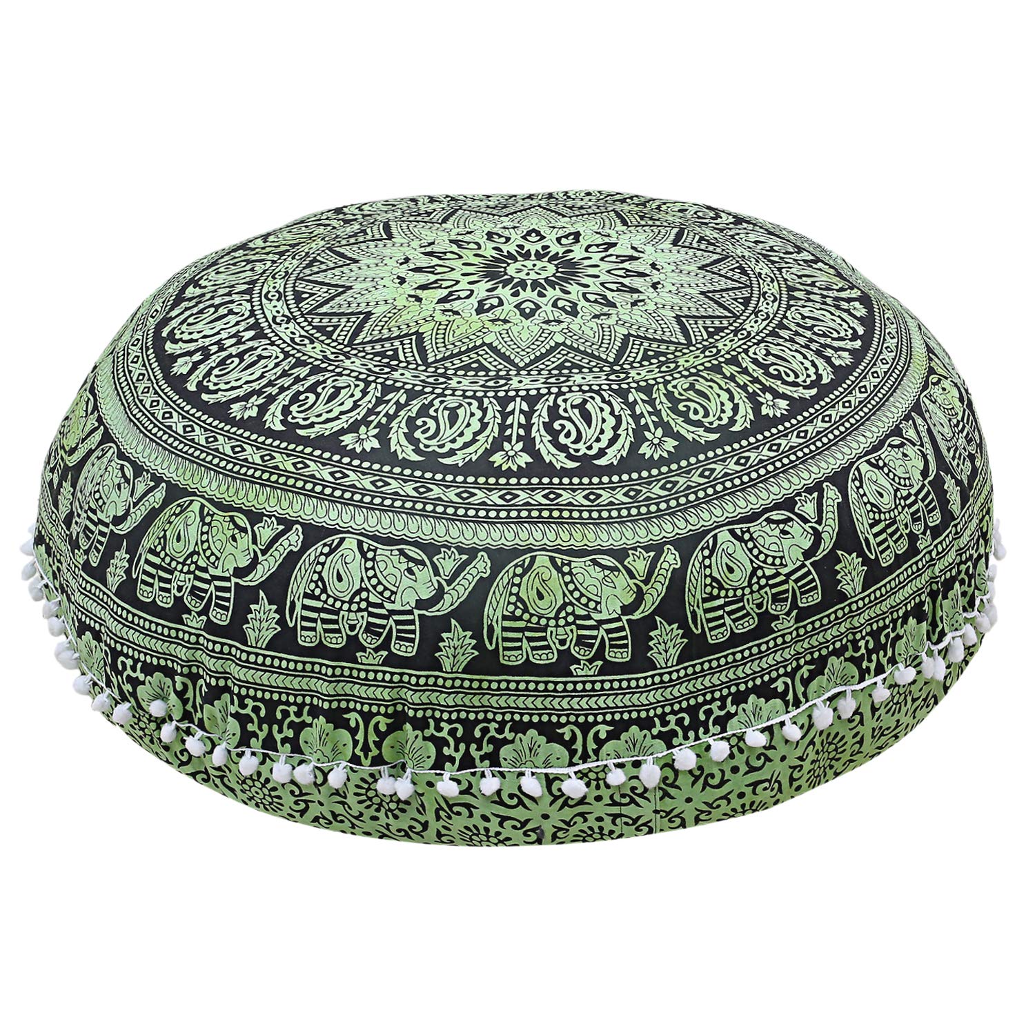 Radhykrishnafashions Indian 32" Large Hippie Mandala Floor Pillow Cover Cushion Cover Round Bohemian Yoga Decor Floor Cushion Case (Green Elephant)