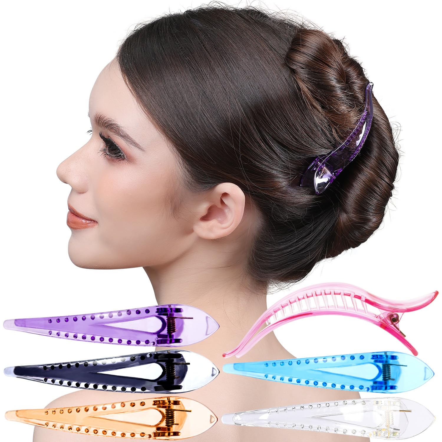 RC ROCHE 6 Pcs Duck Bill Alligator Hair Clips for Women Sectioning Flat Claw Long Thick Hair Inner Teeth Curved Styling Jaw Strong Secure Grip Salon, Large Transparent Multicolor