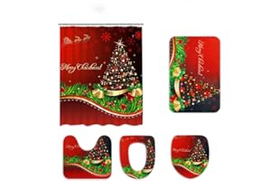 Claswcalor 5 Pcs Merry Christmas Shower Curtain Sets with Rugs, Toilet Lid Cover, Bath Mat and Toilet Seat Cover, Waterproof Xmas Christmas Tree Shower Curtains for Bathroom with 12 Hooks, Red