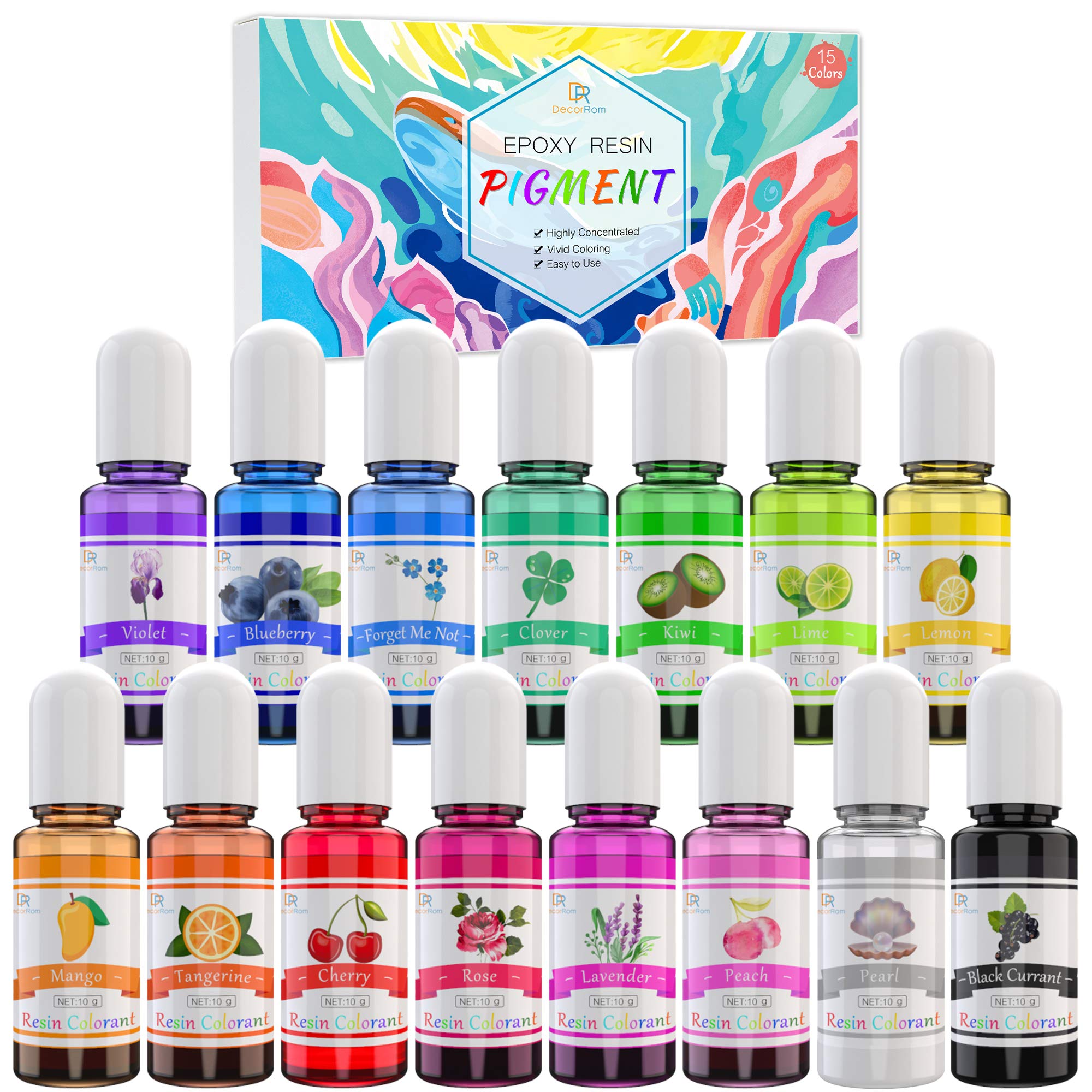 Epoxy Resin Pigment - 15 Colour Liquid Epoxy Resin Dye - Highly Concentrated Epoxy Resin Colourant for Resin Colour Art, DIY Crafts Making Supplies - AB Resin Colouring for Paint, Crafts - 10ml Each