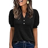ANRABESS Women's Tops Puff Short Sleeve Henley Shirt Dressy Casual Blouses Summer Sweater 2026 Spring Business Cute Tunics