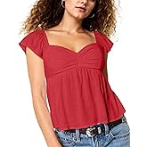 HOCANDY Womens Flowy Peplum Tank Tops Ruffle Sleeve Babydoll Tank Top Sweetheart Neck Smocked Back Short Sleeve Going Out Top Red