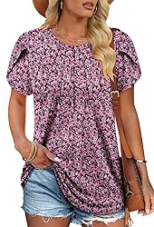 Round Neck Pleated Floral Shirts for Women Petal