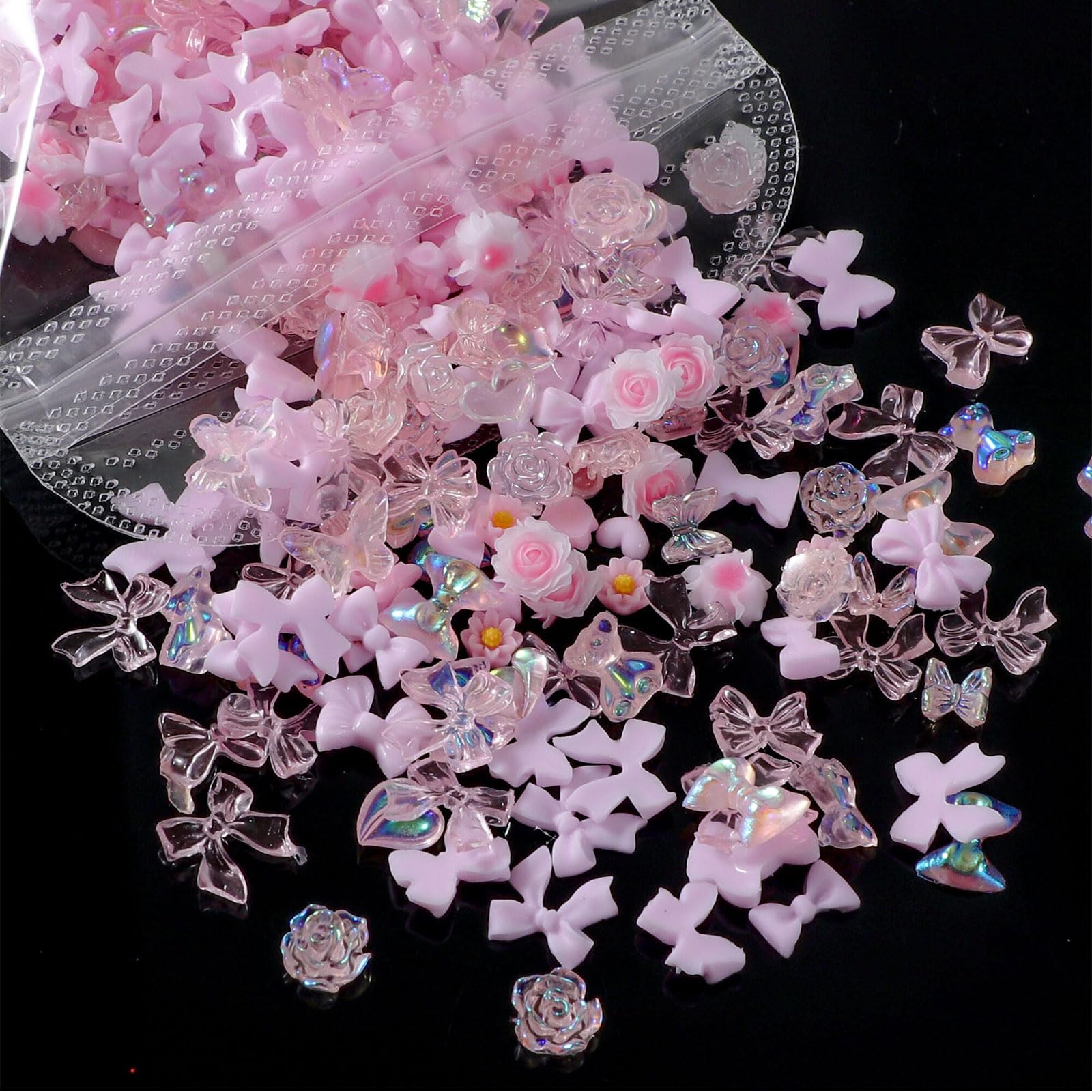 3D Nail Art Charms - 400 Pcs Multi Shapes Flower Bow Bear Heart Rhinestones Gems Resin Decorations Accessories Jewels for Design DIY Crafts (Pink)