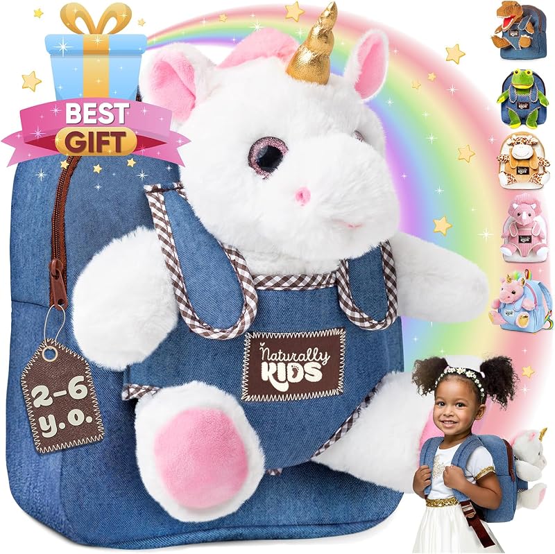 Naturally KIDS Unicorn Toys Backpack with Stuffed Animal Toddler Gift