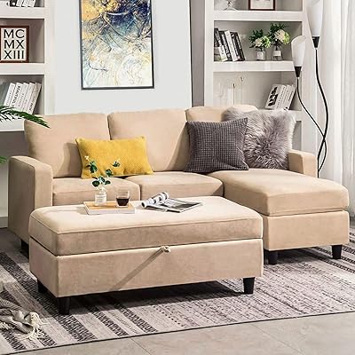 HONBAY L-Shaped Sectional Sofa with Storage Ottoman, Beige