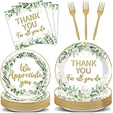 96Pcs We Appreciate You Decorations Thank You for All You Do Plates and Napkins Eucalyptus Thank You Party Decor Retirement Tableware Dinnerware for Employee Teacher Graduation Minister Party Supplies