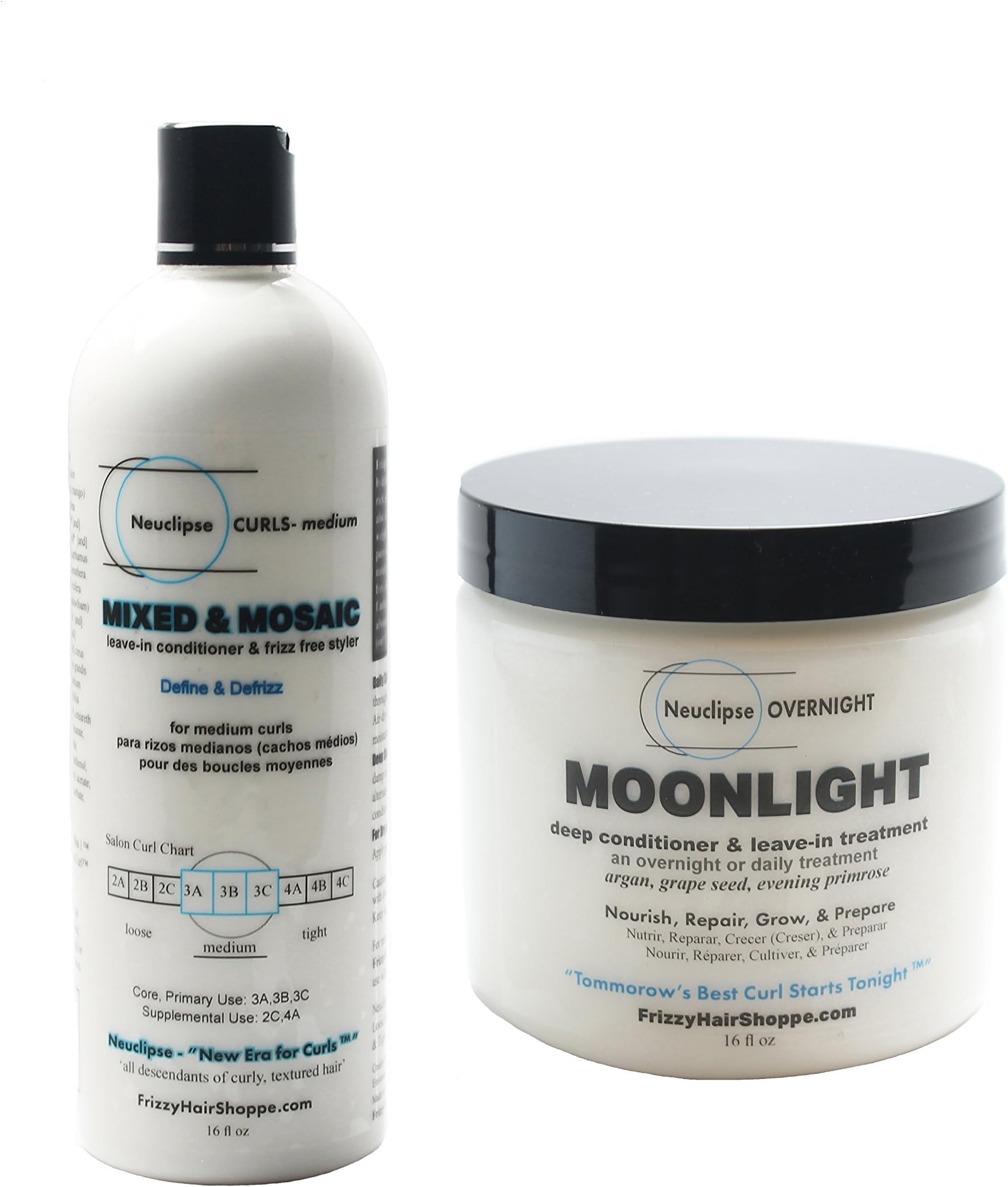 Bundle - 2 Items: Frizzy Hair Shoppe Neuclipse Curls MIXED & MOSAIC Medium Curls Leave-in Conditioner 16 oz, Neuclipse Overnight MOONLIGHT Deep Conditioner & Leave-in 16 oz Curly Girl 2c-3b/c Curl Types