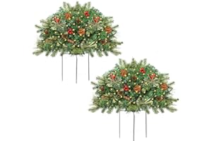ENVEN Outdoor Christmas Tree Frosted Urn Filler 2 Set, Pre-lit Artificial Xmas Tree with Cones & Red Berries, Small Christmas Tree with 70 Warm Lights