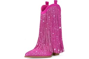 Ouepiano Cowboy Boots for Women - Cowgirl Rhinestone Boots with Sparkly Fringe Pointed Toe Western Boot Chunky Heel Pull-On Wide Calf Botas Vaqueras