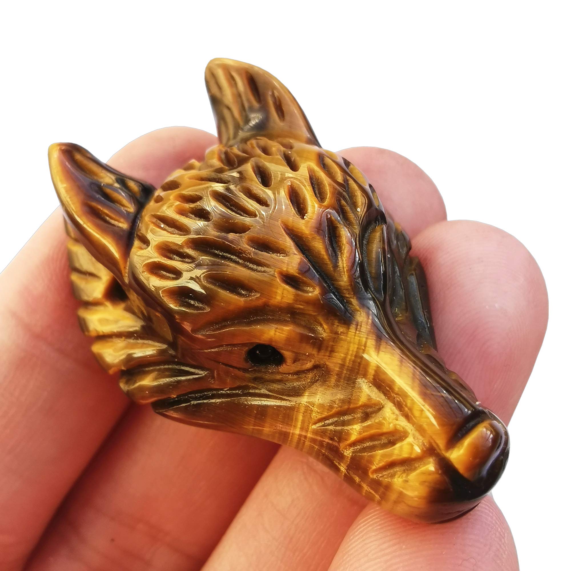Manekieko Natural Tiger's Eye 40mm Wolf Head Pocket Crystals and Healing Stone Figurine,Haped DIY-Jewelry Pendant
