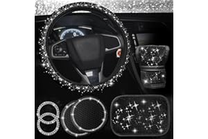 BEIQITONG 7 PCS Bling Car Accessories for Women,Diamond Bling Steering Wheel Cover,Bling Car Accessories Set, Armrest Cover,Cup Coasters,Shifter Cover,Start Ring,Universal Fit 14.17"-15.35",Black