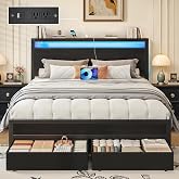 Fluest Queen Bed Frame,Queen Bed Frame with Storage Headboard &amp; 2 Storage Drawer, Charging Station &amp; LED Light, No Box Spring Needed, Noise Free, Easy Assembly, Classic Black